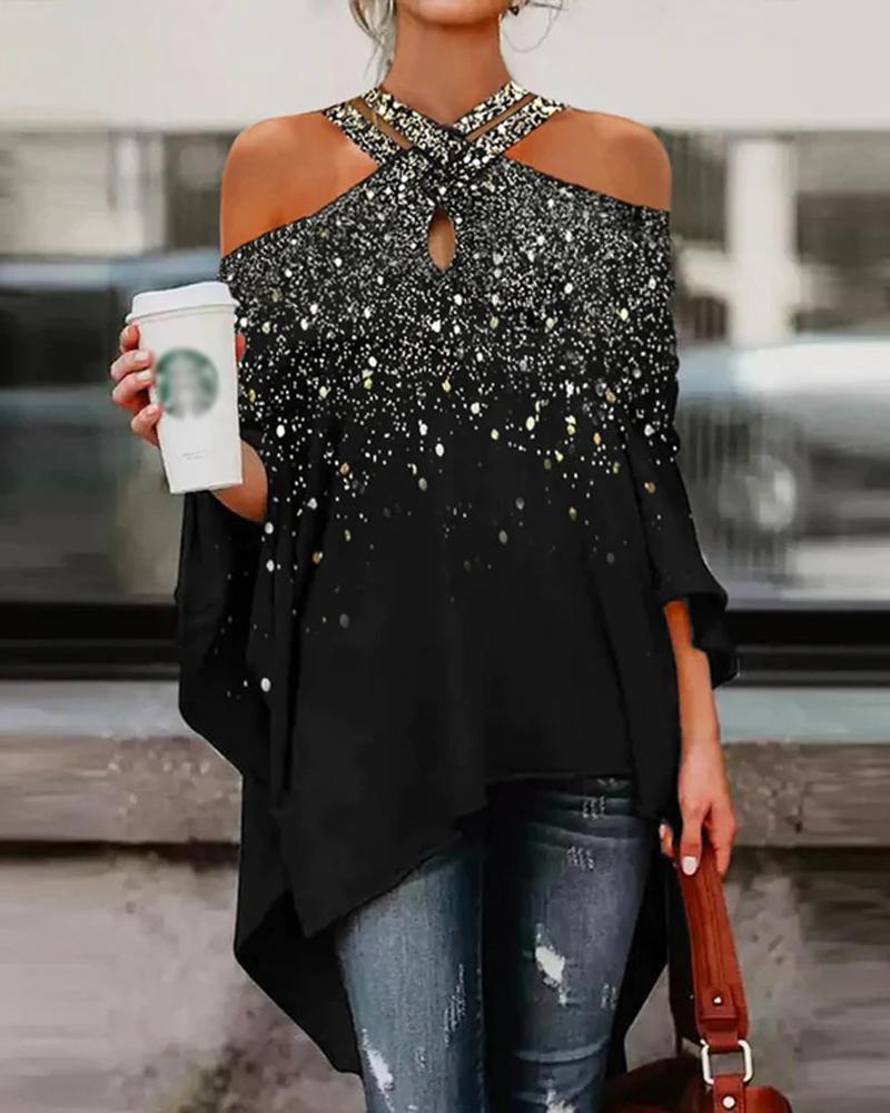 

Crisscross Cold Shoulder Print Top, Black