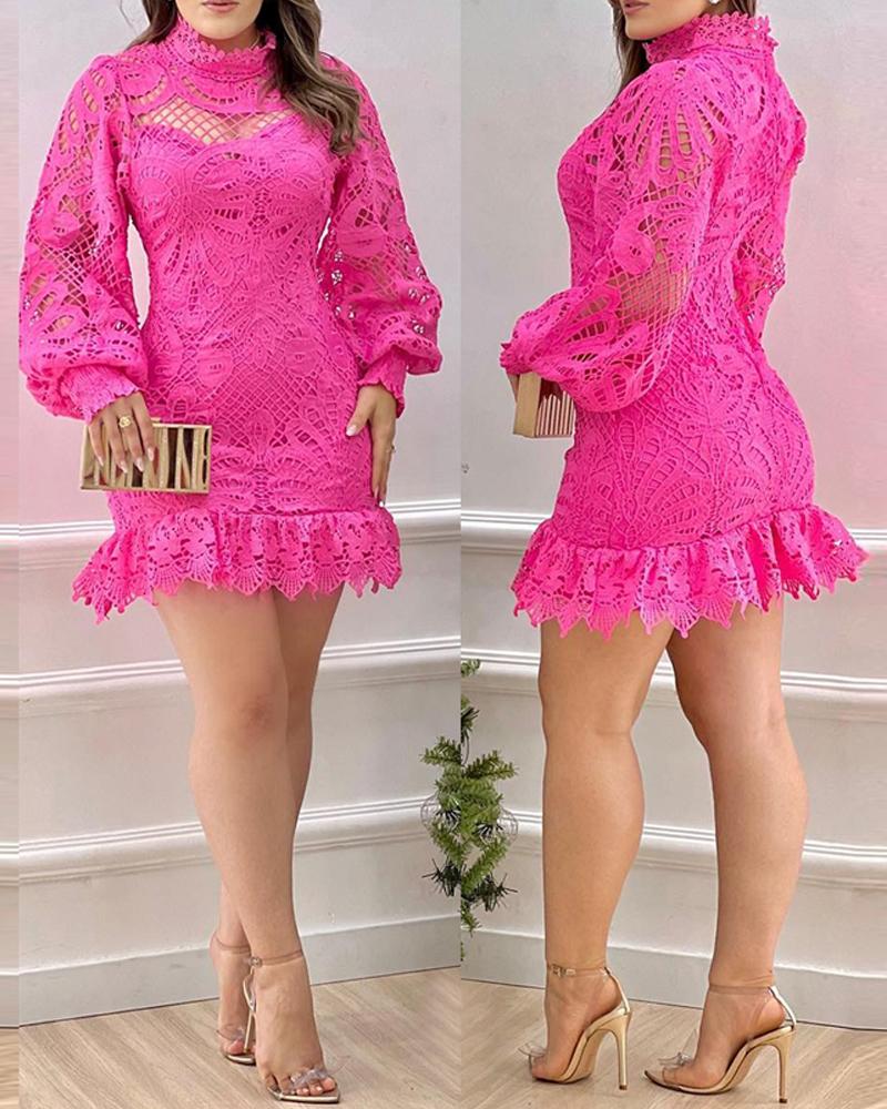 

High-Neck Lantern Sleeves Lace Hollow-out Slim Fit Bodycon Frill Hem Mini Party Dress, Hot pink