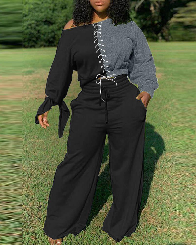 

Colorblock Eyelet Lace-up Top & Drawstring Wide Leg Pants Set, Black