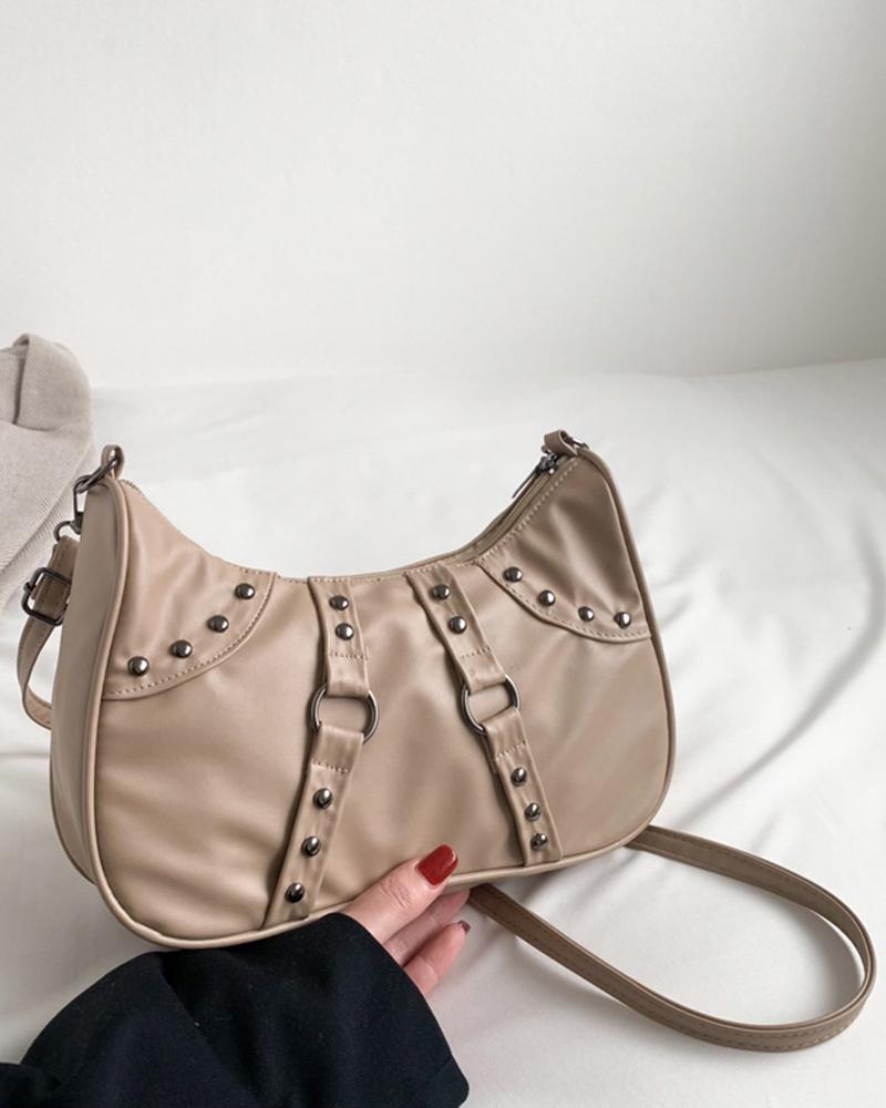 

Studded O-Ring Decor Baguette Bag, Khaki