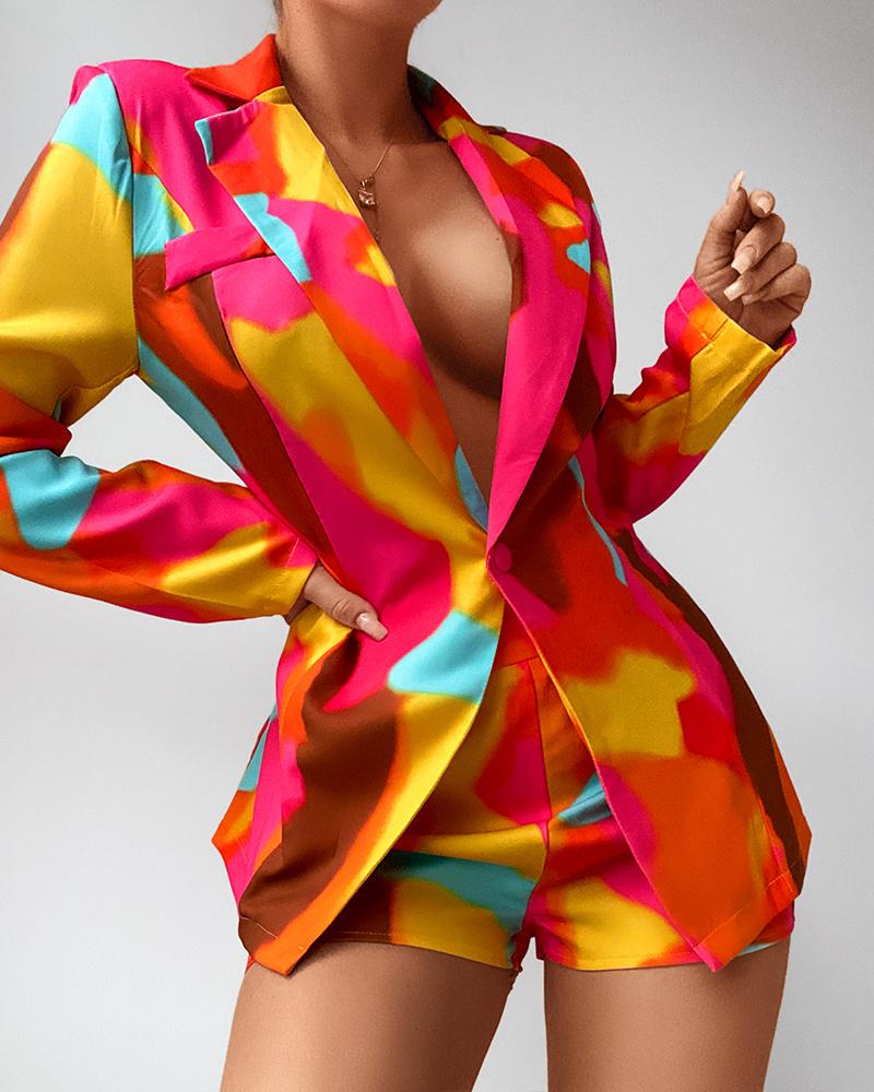 

Abstract Colorblock Print Single Button Tailored Blazer & Shorts Set, Multicolor