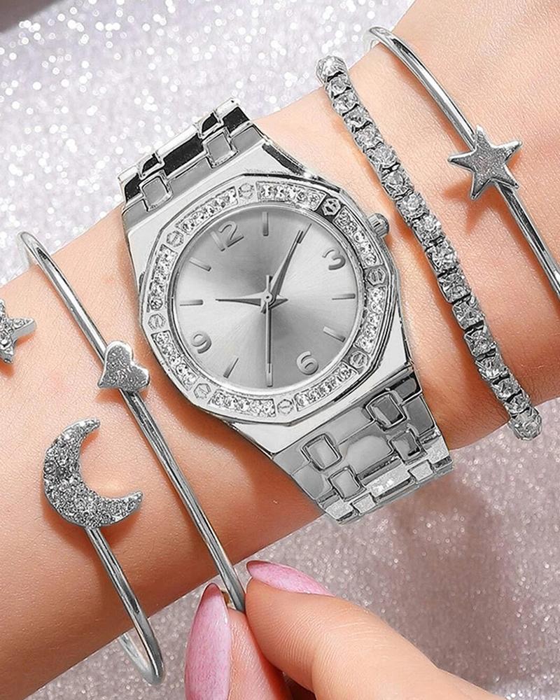 

Rhinestone Stainless Steel Band Pointer Quartz Watch & Star Moon Bracelet Set, Silver