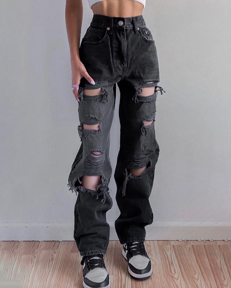

Cutout Ripped High Waist Jeans, Black