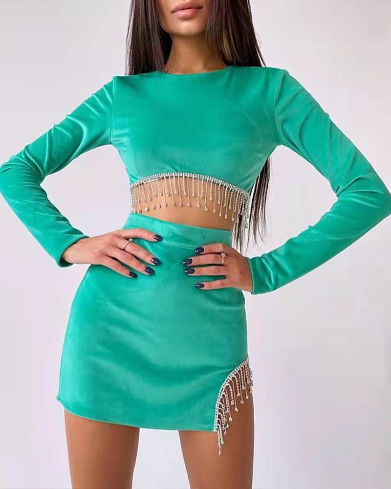

O Neck Tassel Decor Backless Crop Top & Slit Skirt Set, Green
