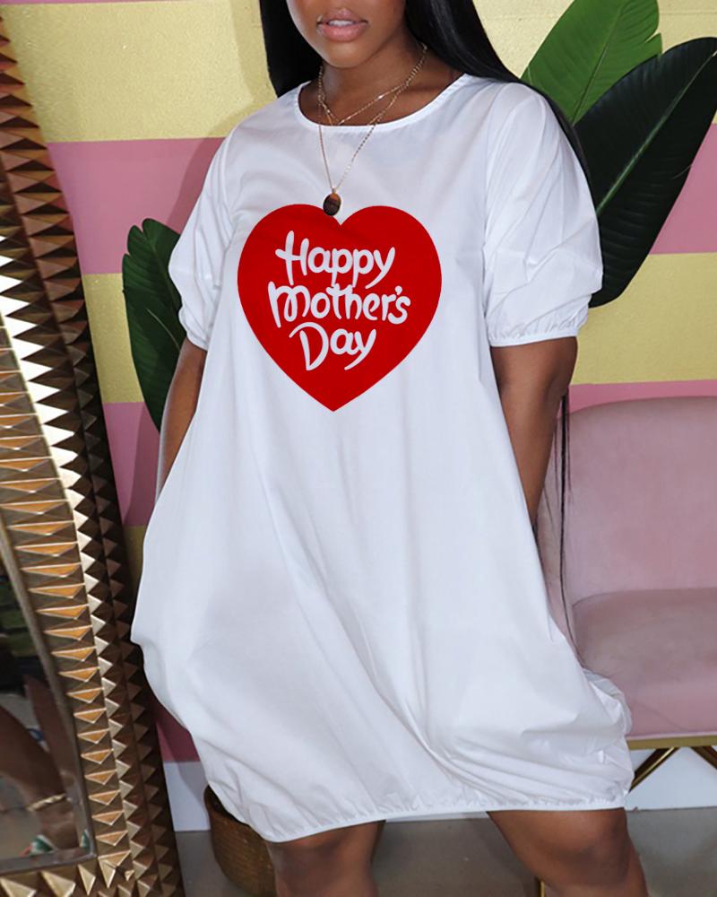 

Mother' Day Letter Heart Print Ruched Casual T-shirt Dress, White
