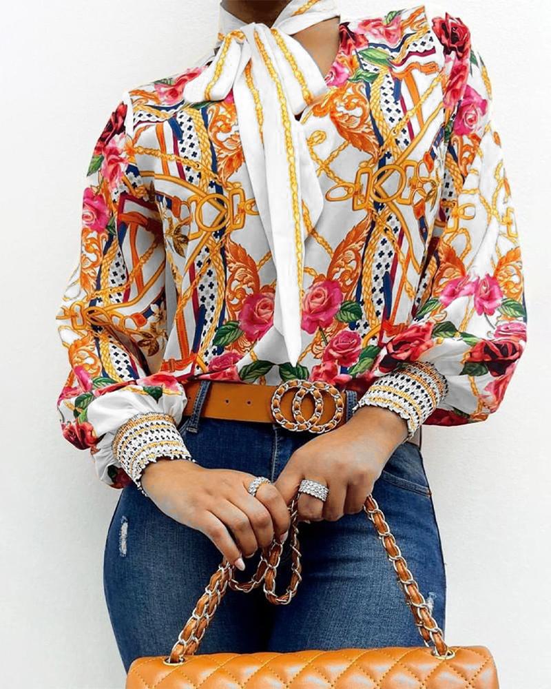 

Scarf Floral Print Lantern Sleeve Top, Multicolor