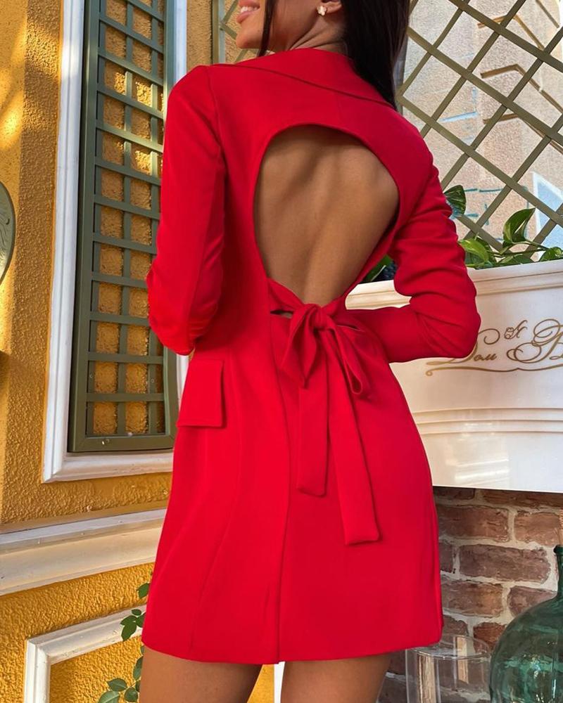 

Button Front Pocket Design Knotted Backless Blazer Dress, Red