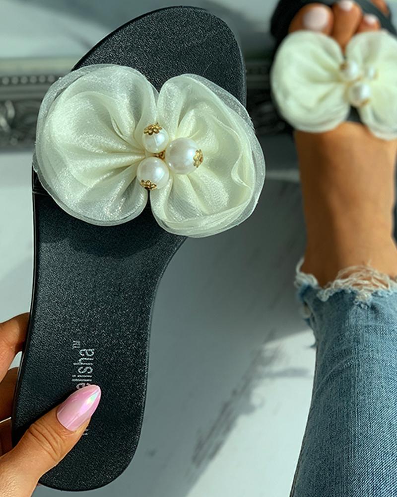 

Mesh Bowknot Decor Beaded Flat Sandals, Beige