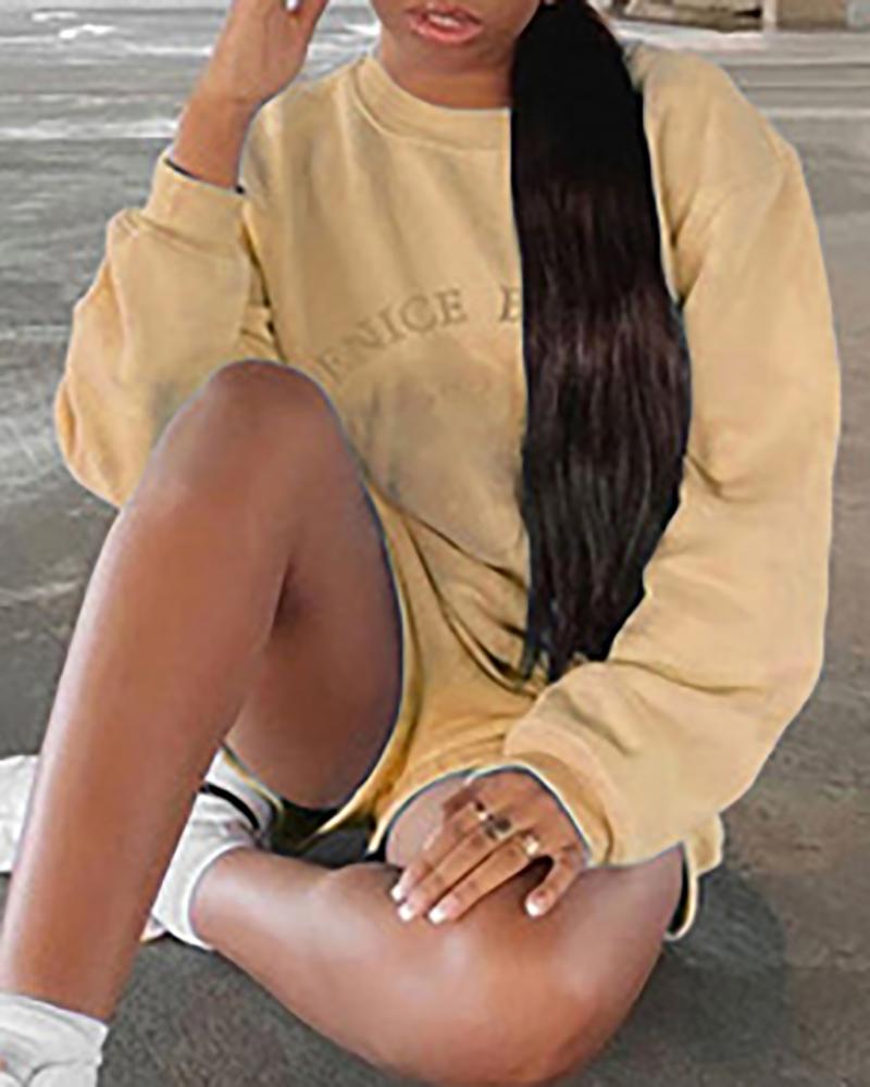 

Letter Embroidery Sweatshirt & Drawstring Shorts Set, Khaki
