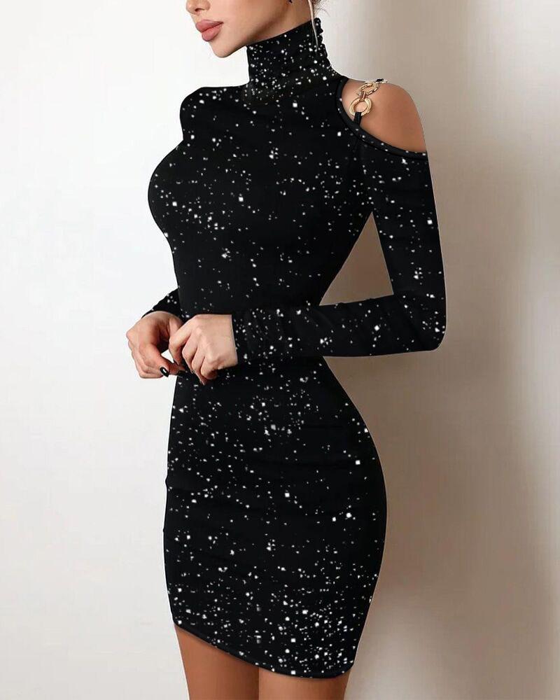 

Glitter Metal Decor Cold Shoulder Bodycon Dress, Black