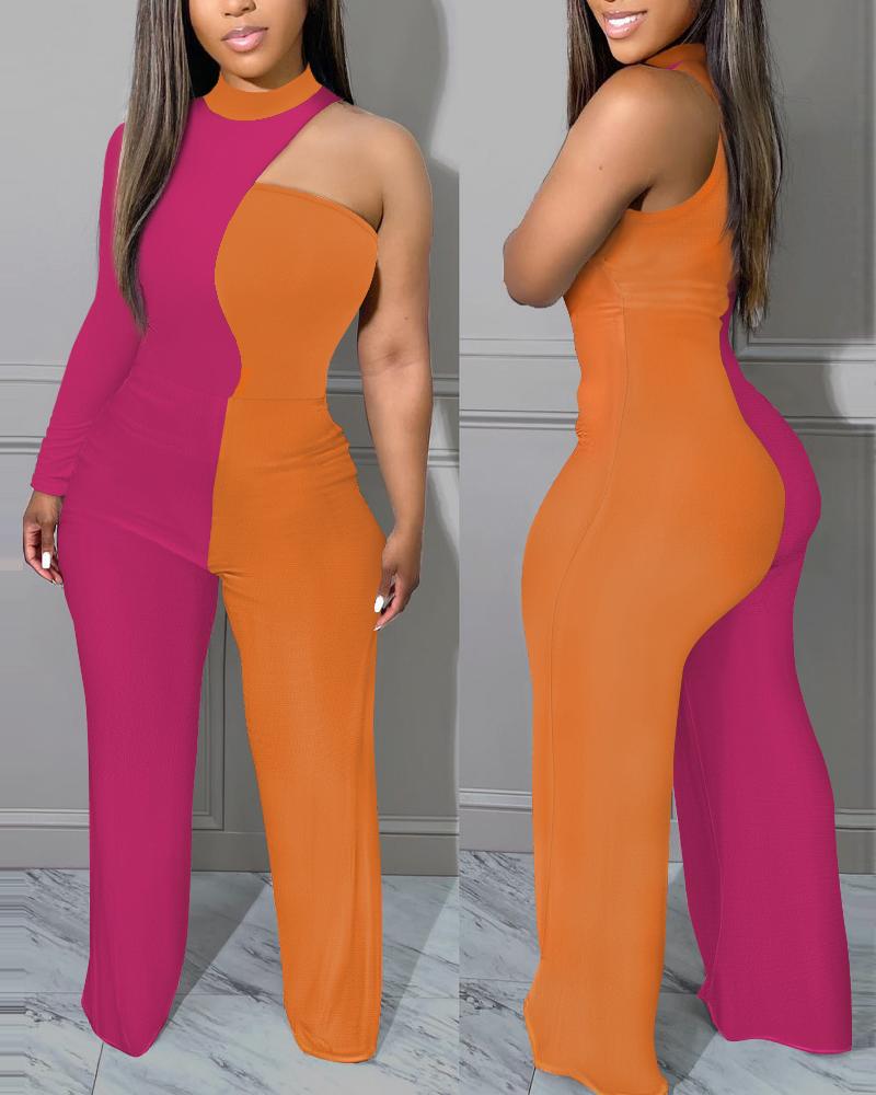 

Colorblock One Shoulder Long Sleeve Jumpsuit, Rose red