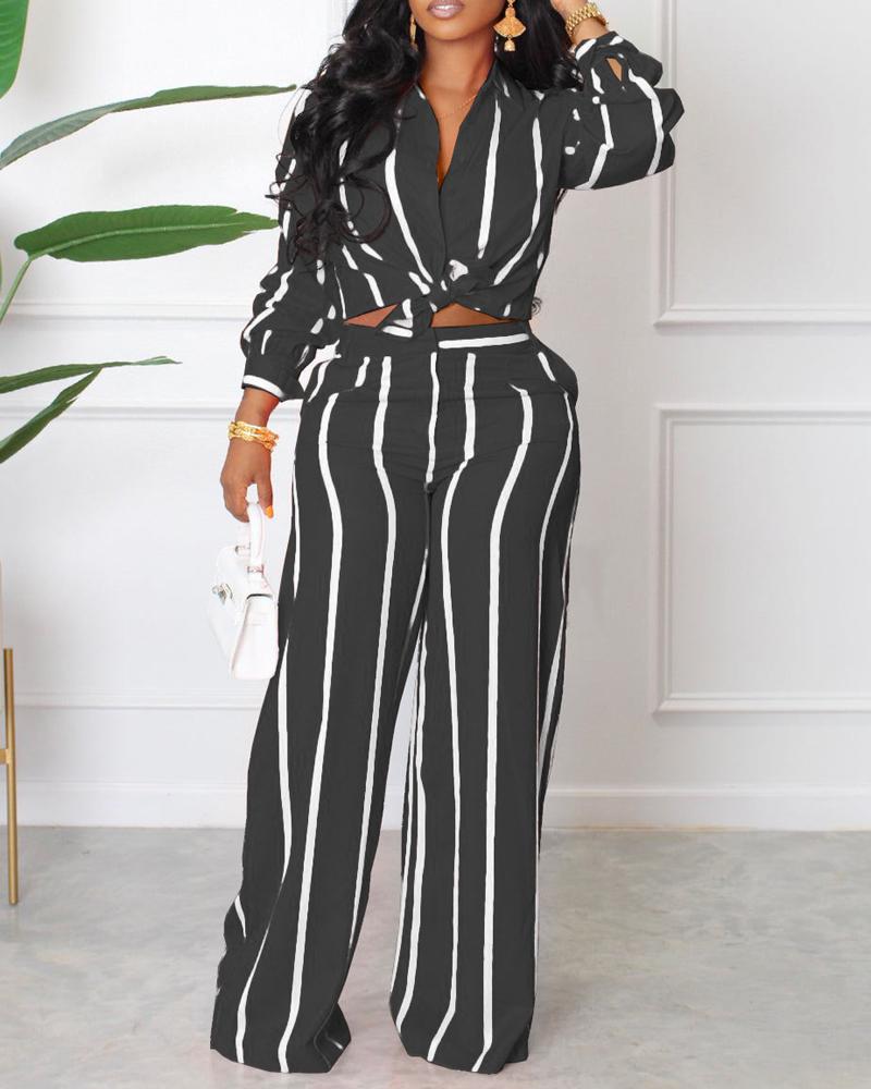 

Striped Long Sleeve Button Down Shirt & Pants Set, Black