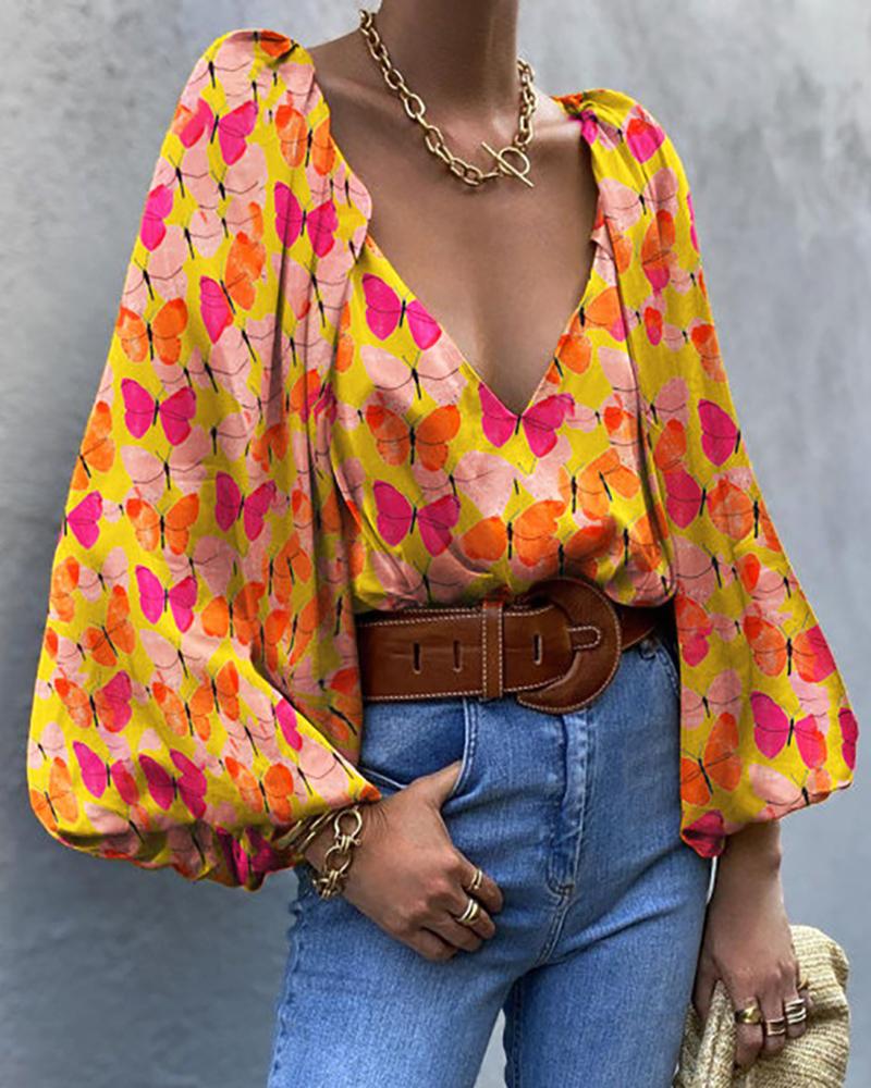 

Butterfly Print Puff Lantern Sleeve Top, Yellow