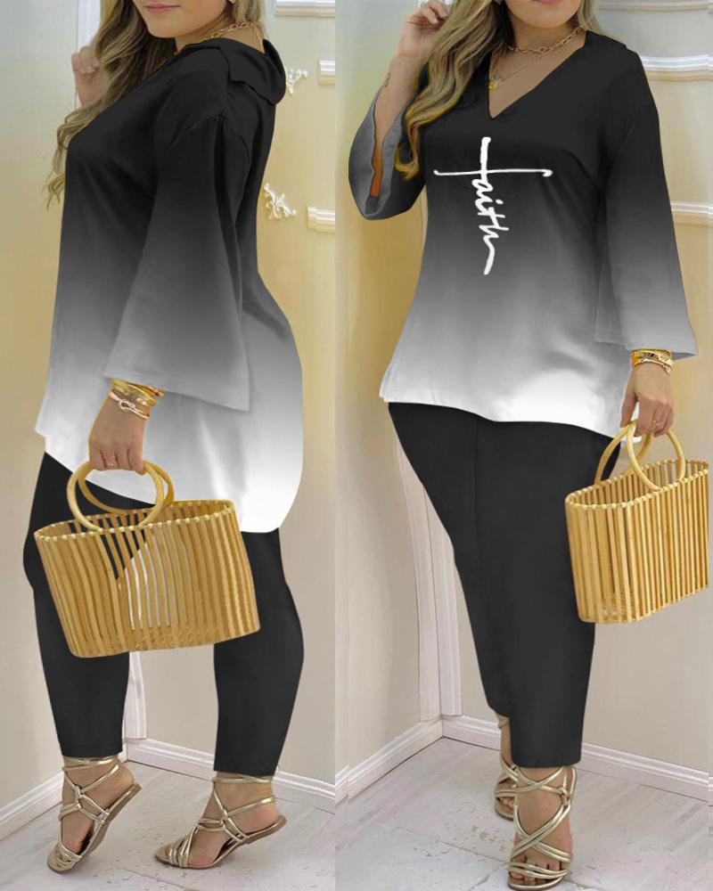 

Plus Size Faith Print Ombre Bell Sleeve Top & Pants Set, Black