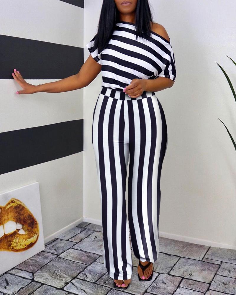 

One Shoulder Striped High Waist Wide Legs Jumpsuits, Black