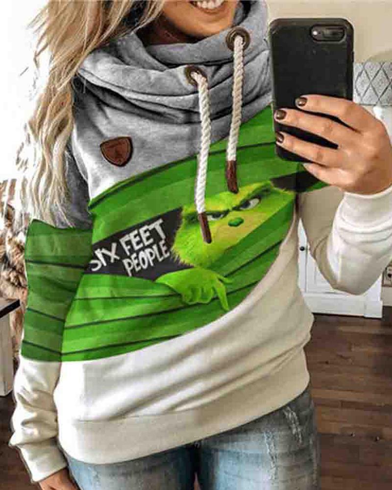 

Christmas Cartoon Print Long Sleeve Hoodie, Gray