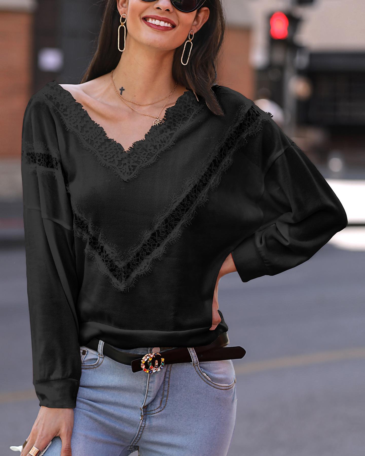 

Solid Lace Hollow Out Detail Sweater, Black