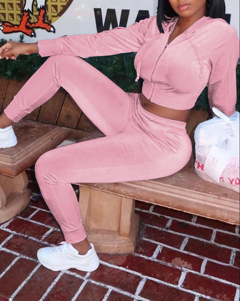 

Velvet Zipper Design Hooded Top & Pants Set, Pink