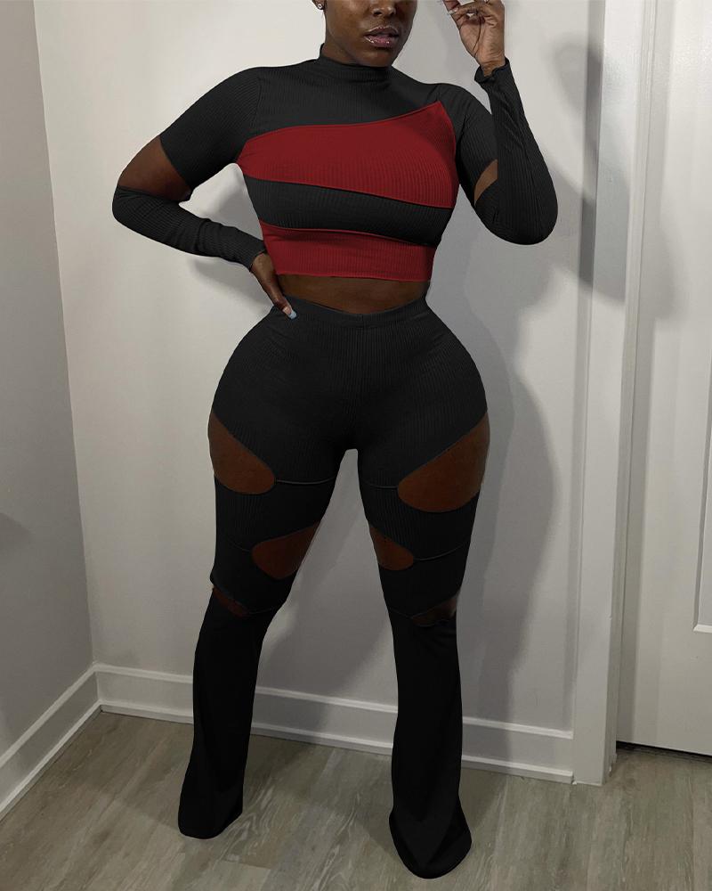 

Color Block Cutout Long Sleeve Crop Top & Flare Leg Pants Set, Black