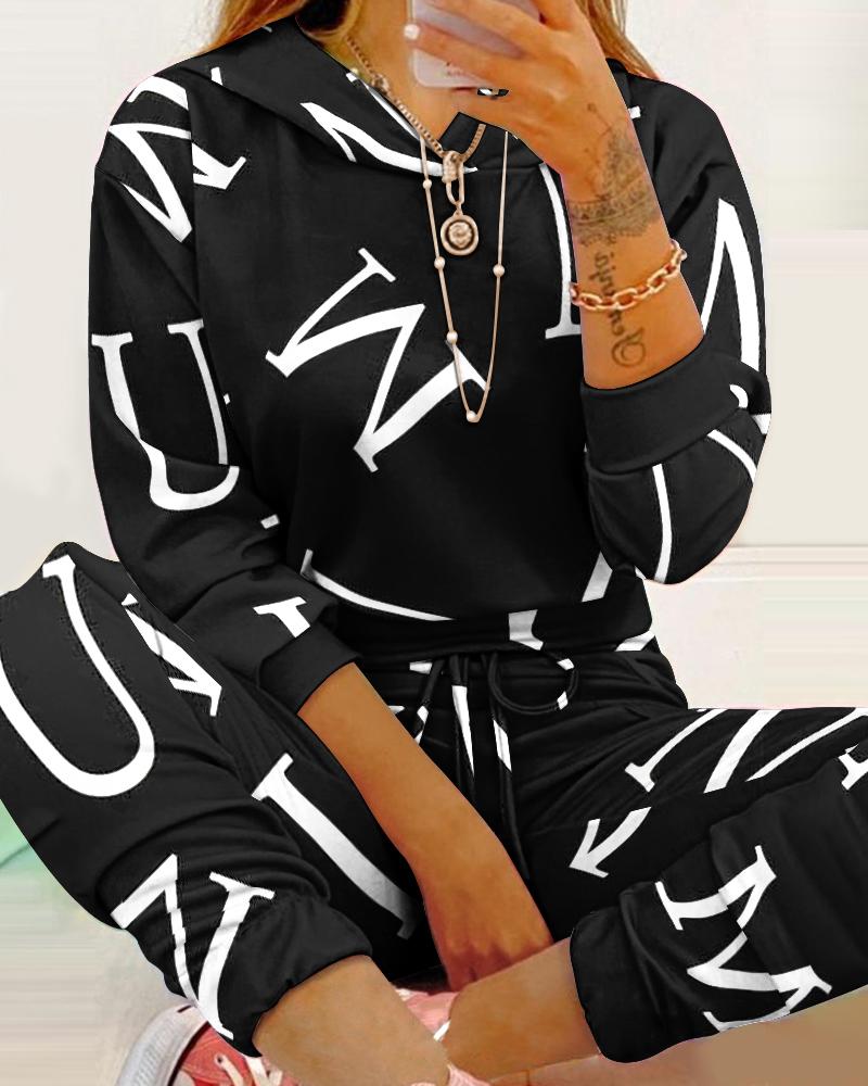 

Letter Print Hooded Top & Drawstring Pants Sets, Black