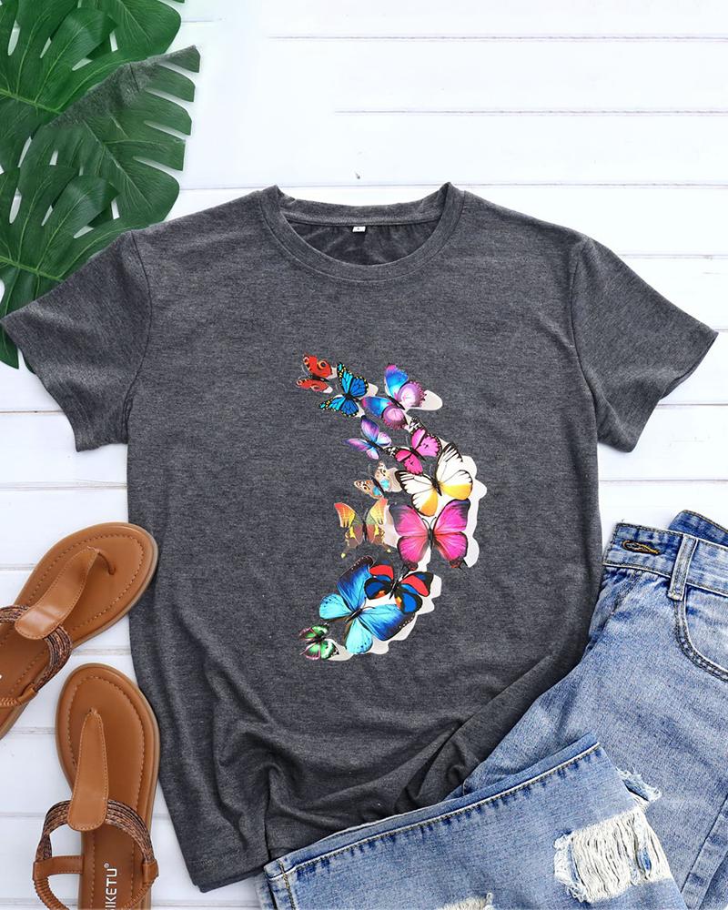 

Butterfly Print Short Sleeve O-Neck Top, Dark grey