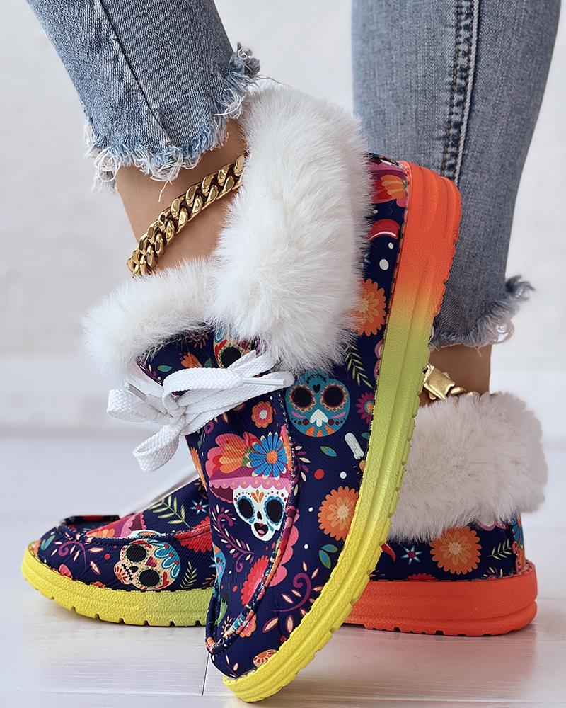 Halloween Skull Graphic Print Lace-up Fuzzy Ankle Boots