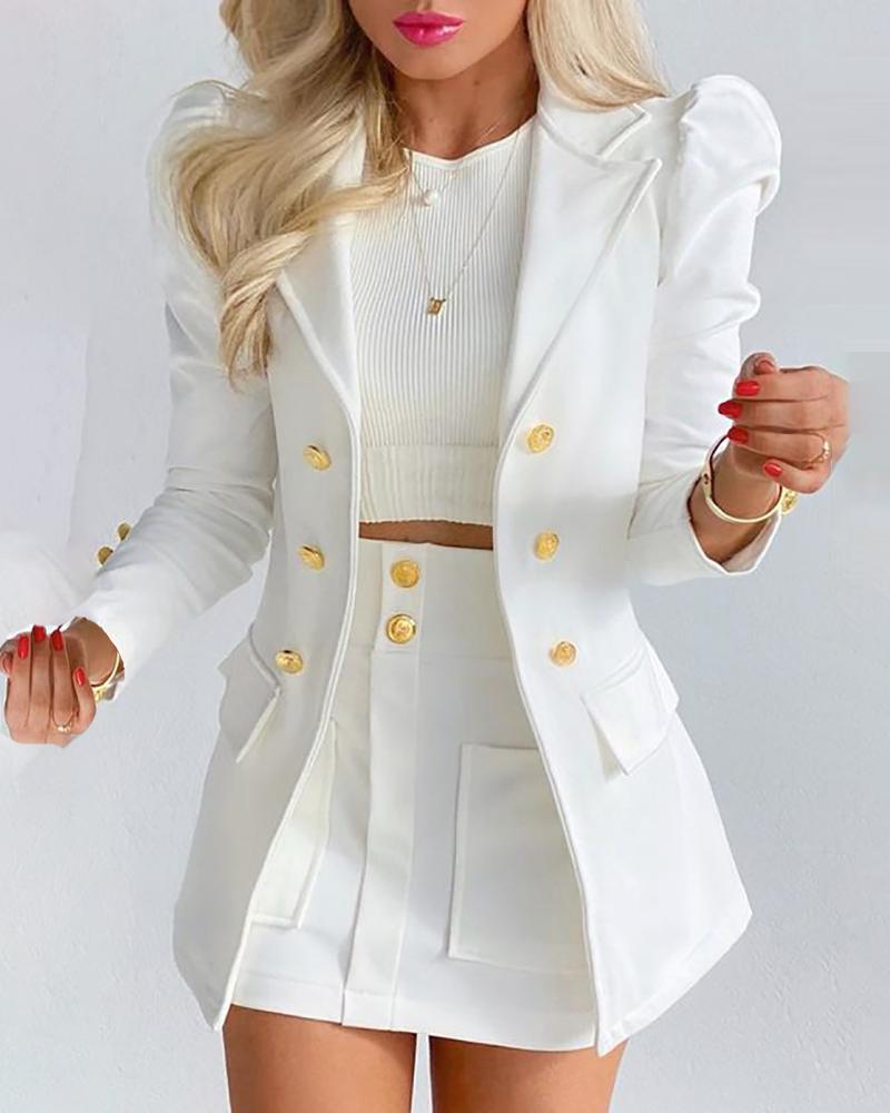 

Puff Sleeve Buttoned Blazer Coat & Pocket Design Skirt Set, White