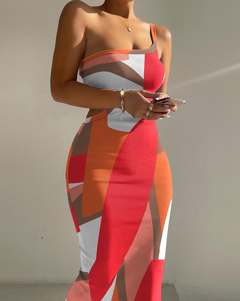 

Colorblock One Shoulder Cutout Ribbed Bodycon Dress, Multicolor