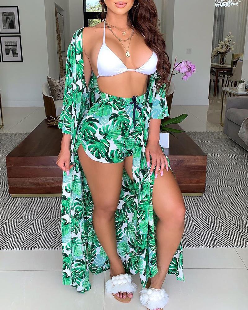 

Halter Top & Palm Leaf Print Shorts With Cover Ups, Green