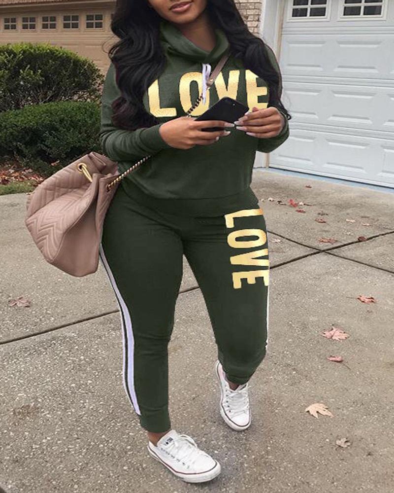 

Plus Size Letter Print Long Sleeve Top & Pants Set, Green