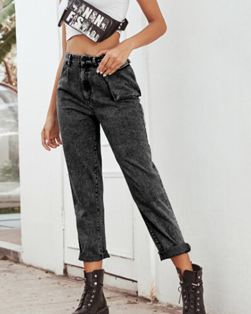 

Solid High Waist Loose Denim Pants, Black