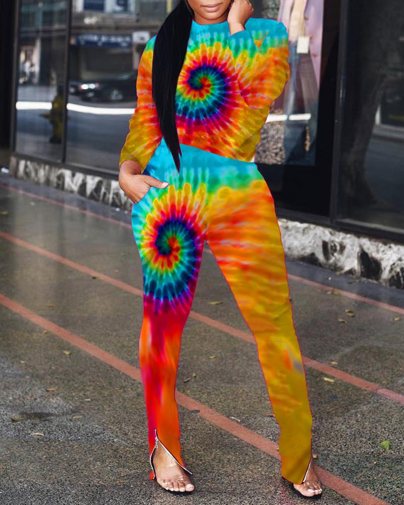 

Tie Dye Long Sleeve Top & Zipper Slit Pants Sets, Orange