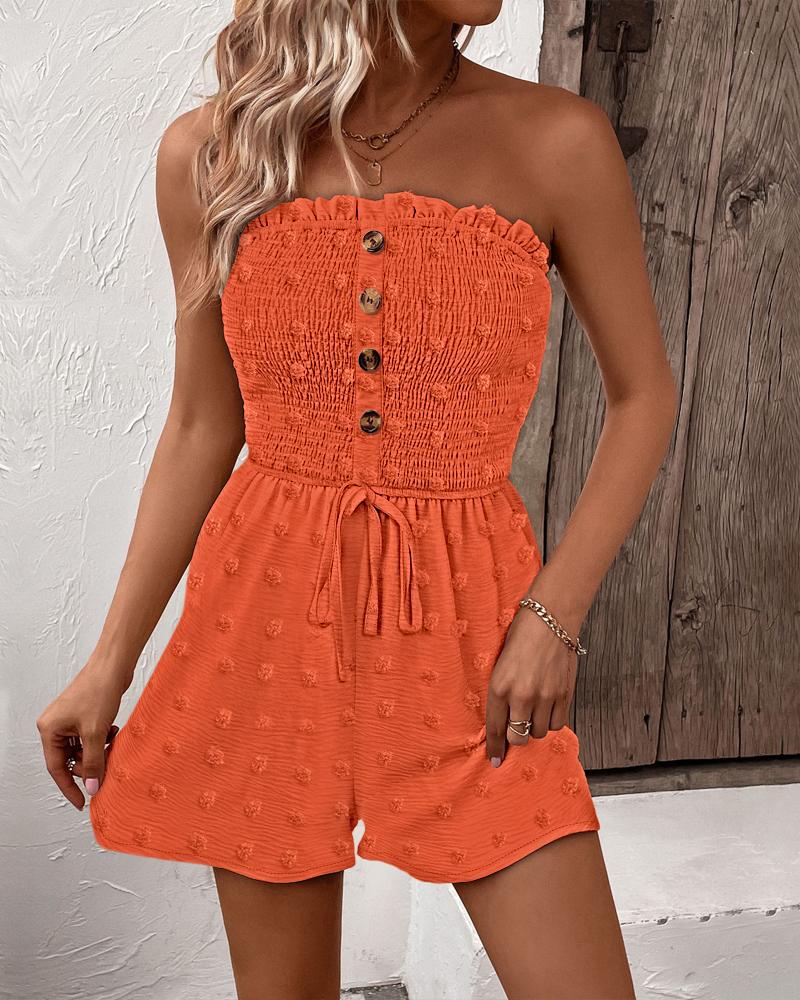 

Polka Dot Bandeau Sleeveless Shirred Rompers Casual Button Decor Tied Detail Short Jumpsuit, Orange