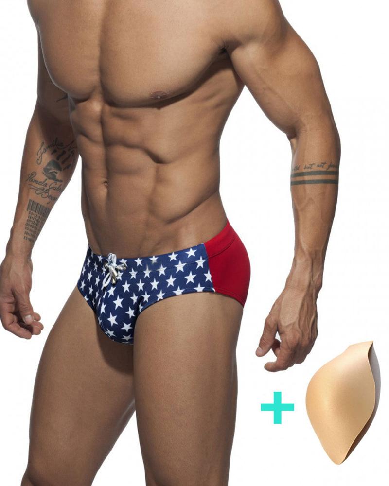 

Color Block Splicing Star Print Skinny Swim Underpants, Dark blue