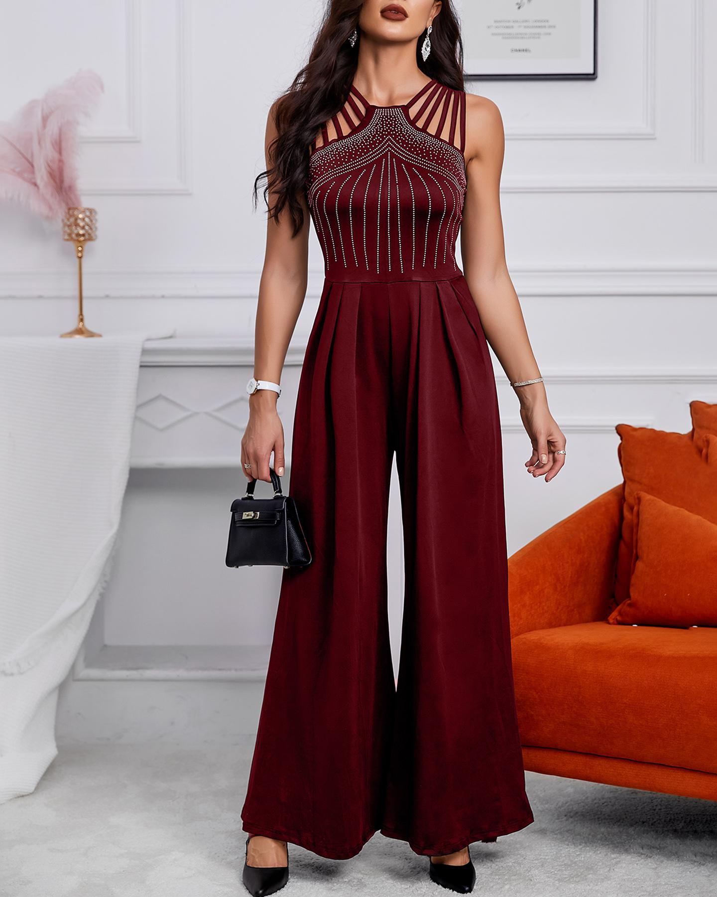 

Studded Cutout Ruched Wide Leg Jumpsuit, Red