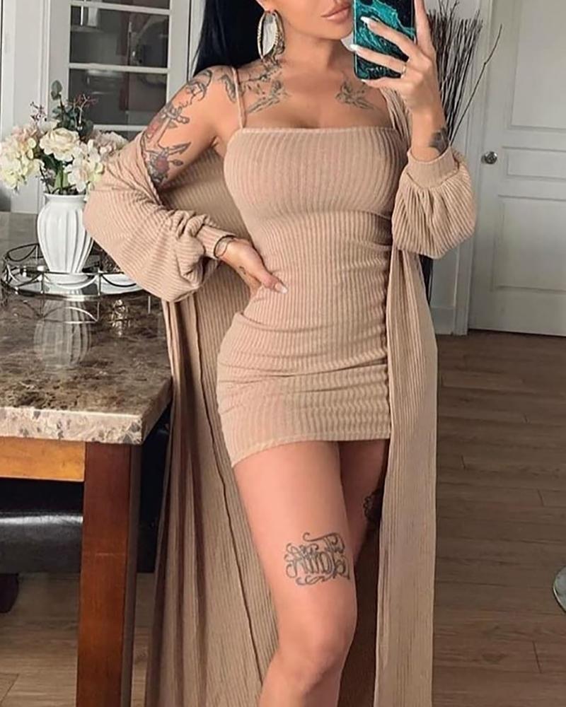 

Spaghetti Strap Bodycon Dress With Cardigan, Khaki