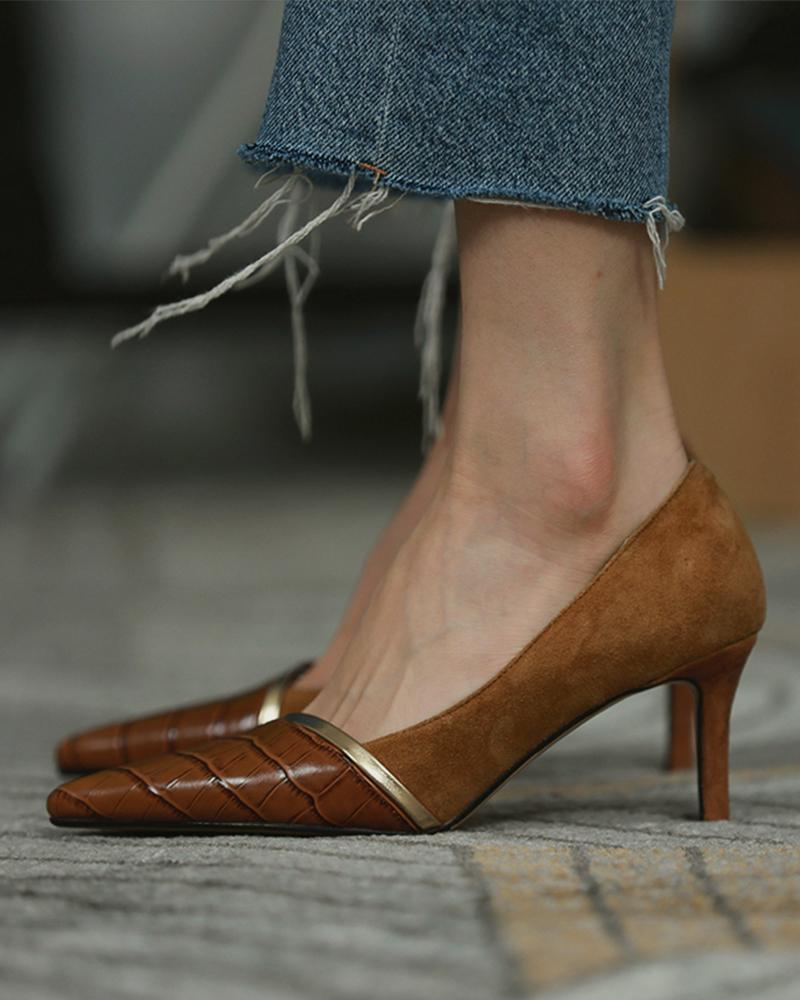 

Croc Embossed Suede Patch Stiletto Heels, Brown