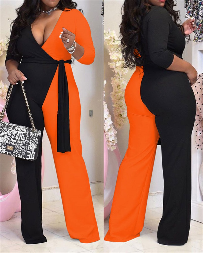 

Plus Size Colorblock Surplice Neck Belted Jumpsuit, Orange