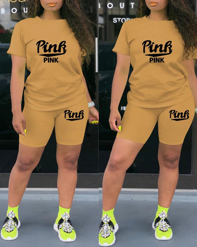 

Short Sleeve Letter Print Top & Shorts Set, Khaki