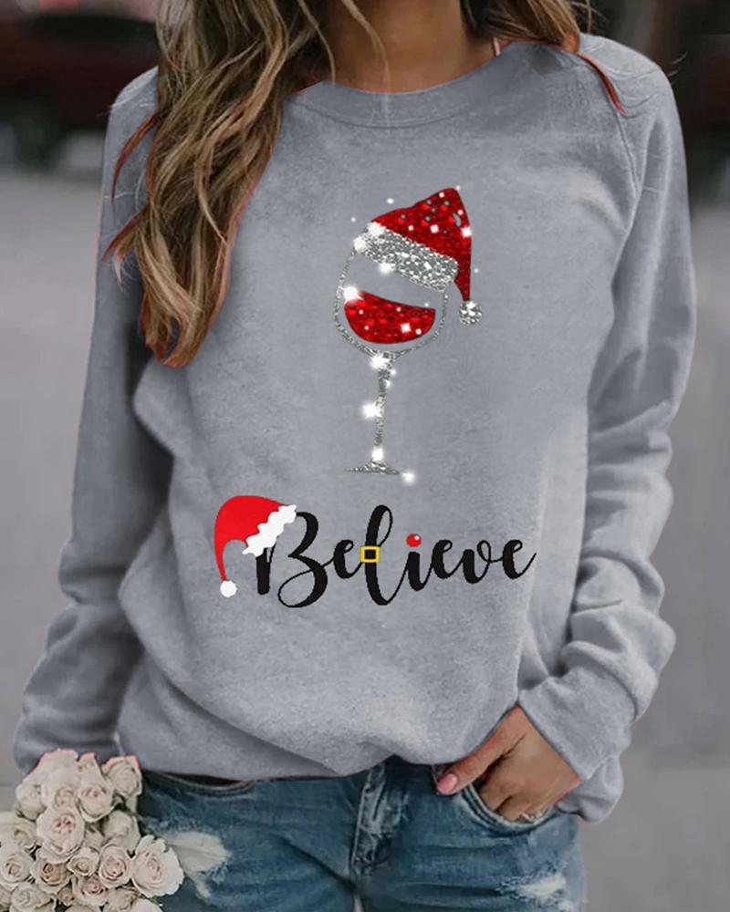 

Christmas Graphic Letter Print Long Sleeve Top, Gray