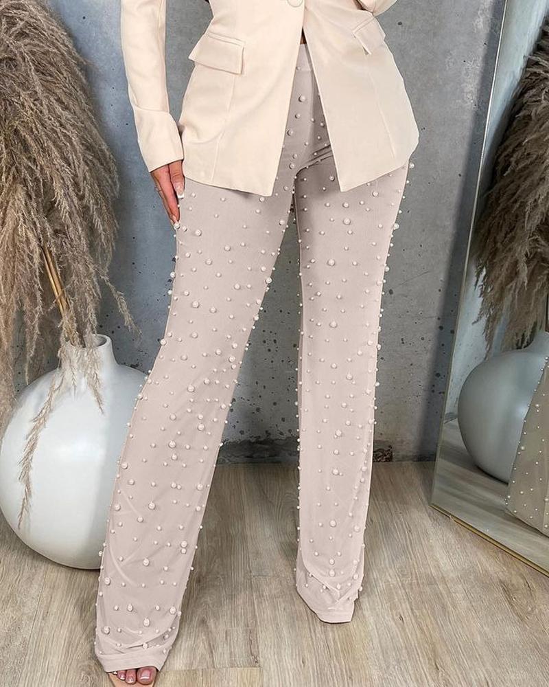 

Beaded Sheer Mesh High Waist Pants, Apricot