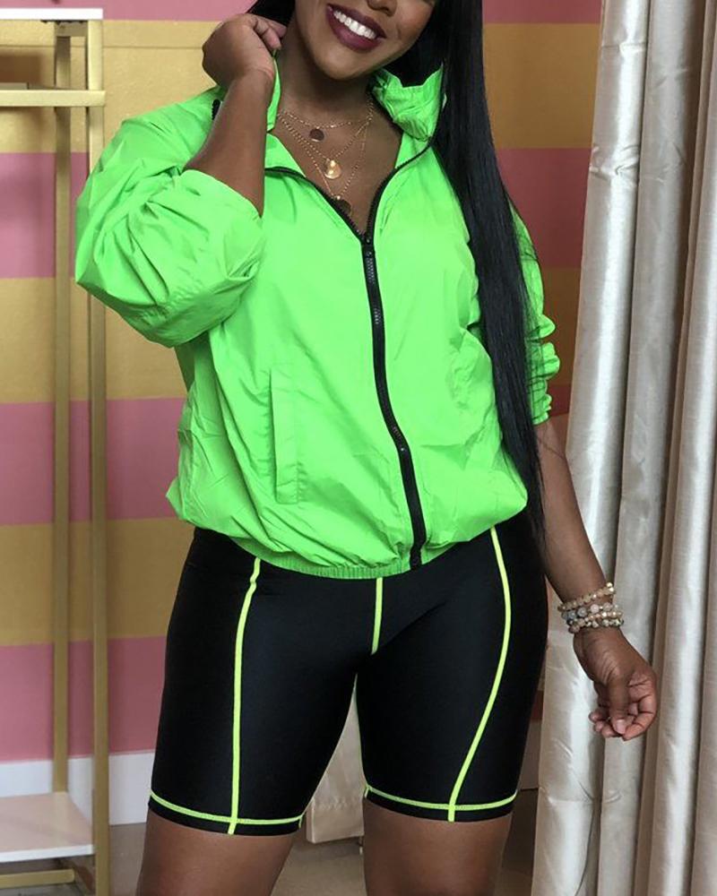 

Turn-down Collar Zipper Pocket Jacket & Shorts Sets, Green