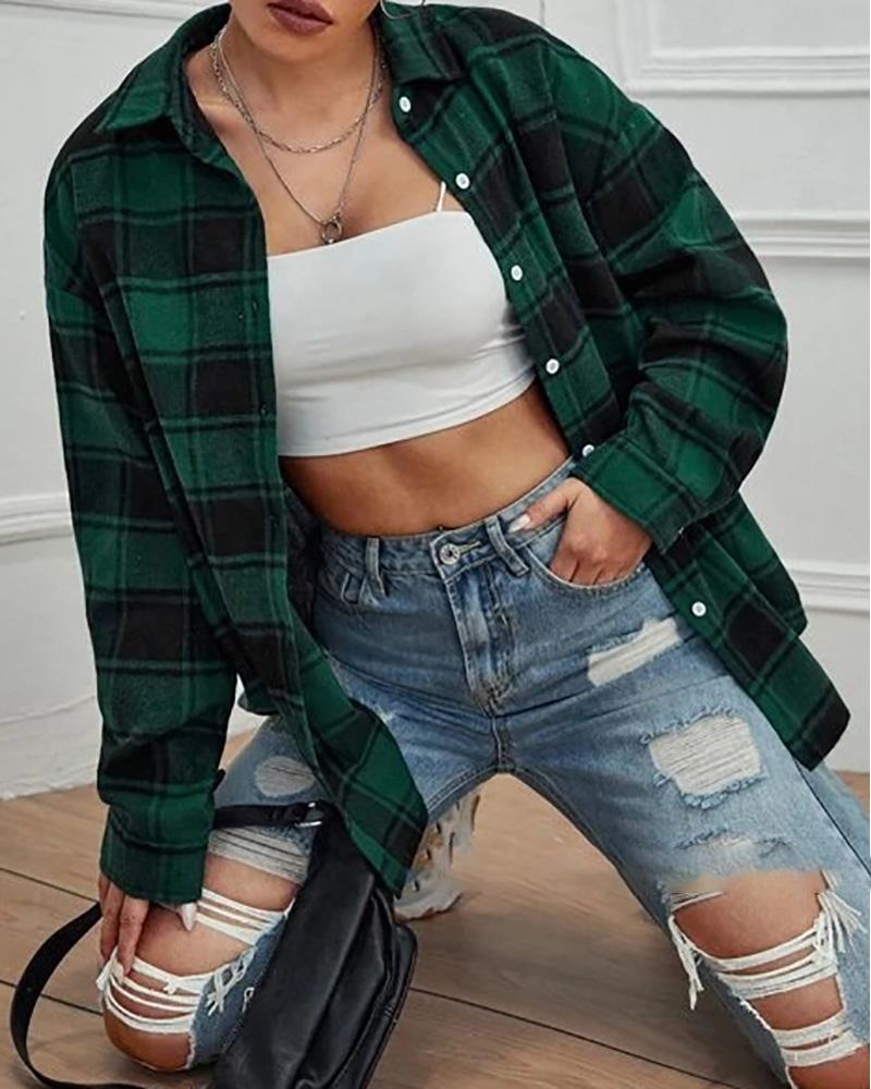 

Button Design Plaid Print Long Sleeve Shirt, Green