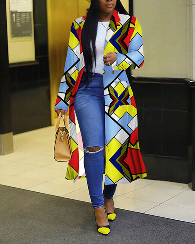 

Geo Print Double Breasted Longline Pea Coat, Multicolor
