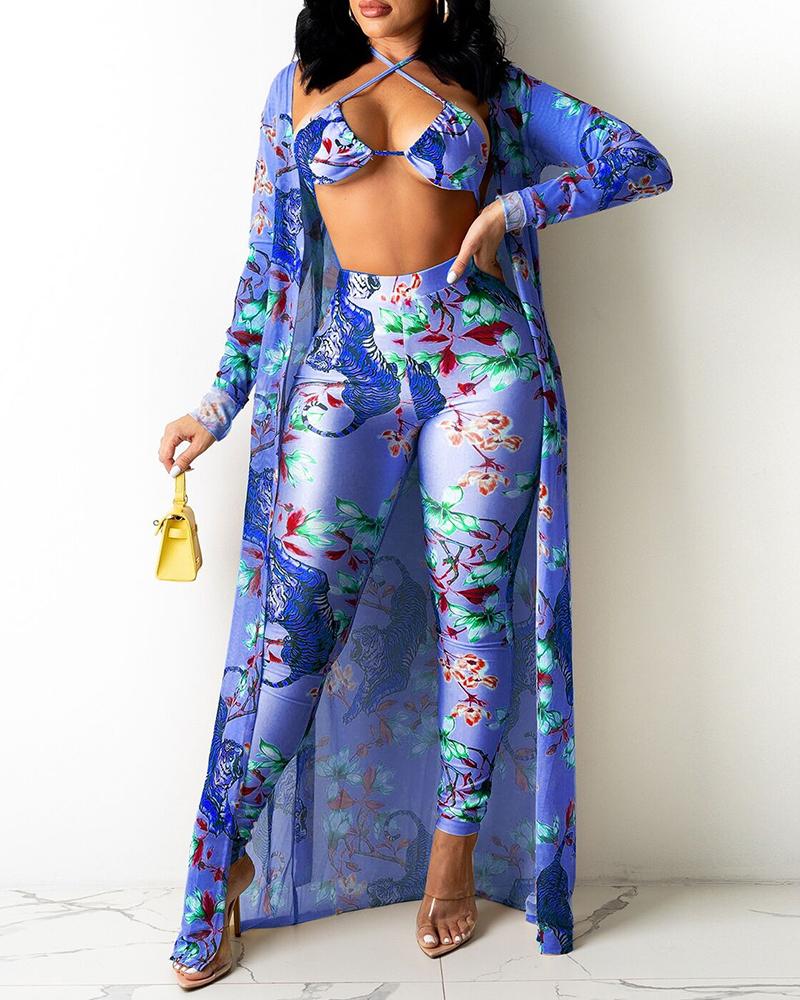 

Floral Print Halter Crop Top & Pencil Pants With Coat Set, Blue