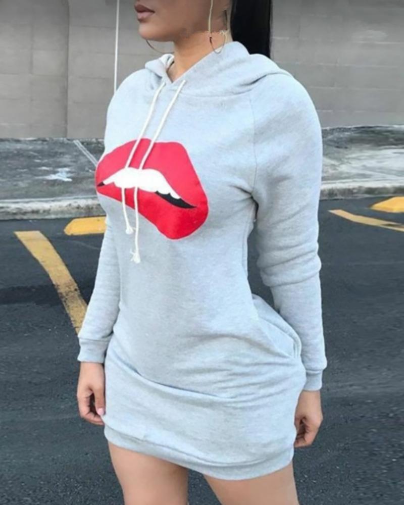 

Lip Print Hooded Casual Dress, Gray