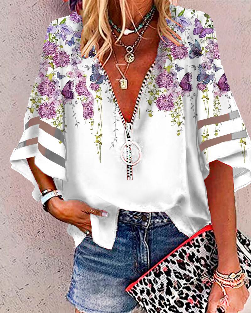 

Floral butterfly Print Bell Sleeve Zip Front Top, White