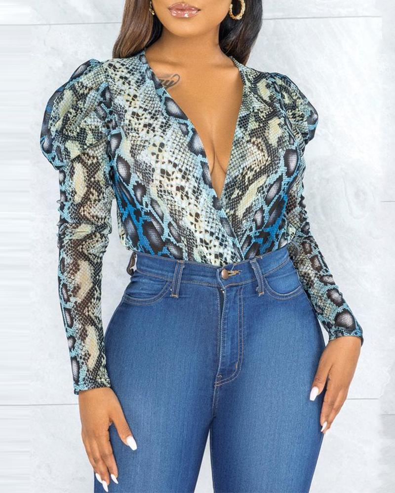 

Snakeskin Cheetah Print Colorblock Puff Sleeve Top, Blue