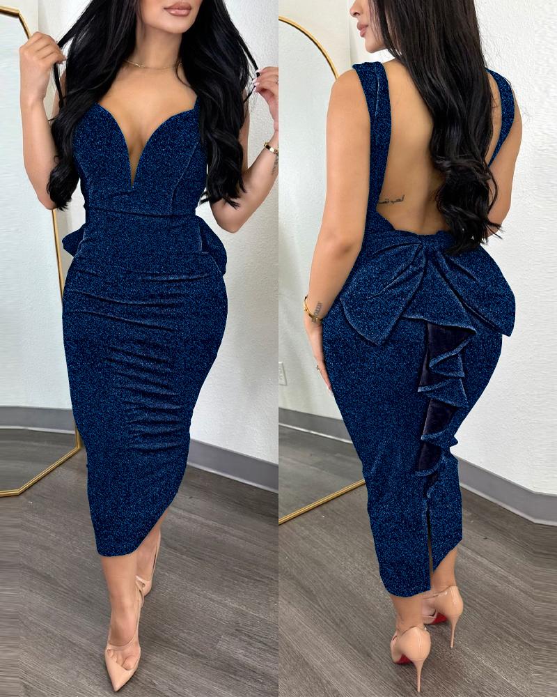 

Glitter Plunge Ruffle Hem Backless Party Dress, Dark blue