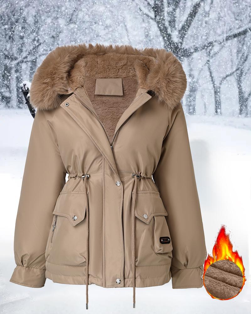 

Casual Fluffy Trim Hooded Jacket Drawstring Waist Zip Up Fleece Lined Coat with Pockets, Khaki